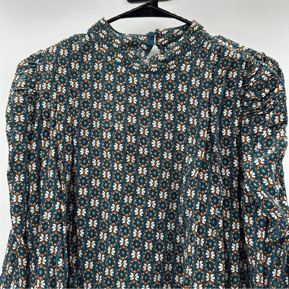 Zara Blue, White & Orange Floral Print Long Sleeve Top Size M - Picture 2 of 10